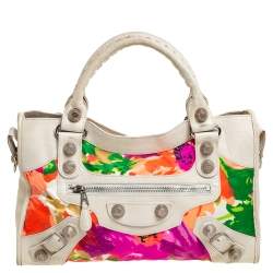 مملوكة مسبقًا Balenciaga Light Beige Floral Print Satin and Leather GSH City Bag