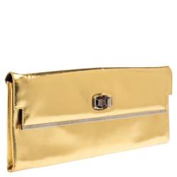 Pre Owned حقيبة كلتش بالنسياغا قلاب معدن قفل دوار جلد ذهبي ميتالك