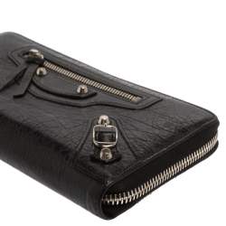 Pre Owned Balenciaga Black Leather City Zip Around Wallet