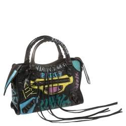 Pre Owned Balenciaga Black Graffiti Leather Mini RH Classic City Bag