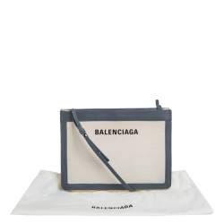 Pre Owned Balenciaga Beige/Grey Canvas and Leather Small Navy Pochette Crossbody Bag
