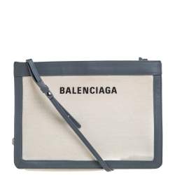 Pre Owned Balenciaga Beige/Grey Canvas and Leather Small Navy Pochette Crossbody Bag
