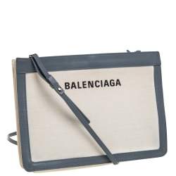 Pre Owned Balenciaga Beige/Grey Canvas and Leather Small Navy Pochette Crossbody Bag