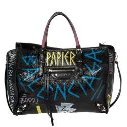 Pre Owned Balenciaga Multicolor Leather Graffiti Papier A6 Zip Around Tote