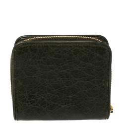 Pre Owned Balenciaga Green Leather Zip Around Compact Wallet