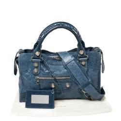 مملوكة مسبقًا Balenciaga Blue Lambskin Leather Giant 21 Gold Motorcycle City Bag