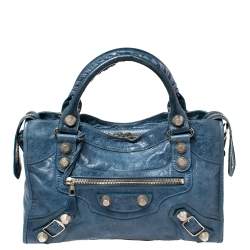 مملوكة مسبقًا Balenciaga Blue Lambskin Leather Giant 21 Gold Motorcycle City Bag