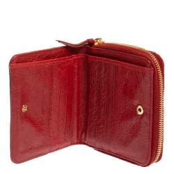 Pre Owned Balenciaga Rouge Groseille Leather Zip Around Compact Wallet