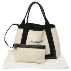 Pre Owned Balenciaga White/Black Canvas and Leather S Navy Cabas Tote