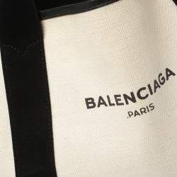 Pre Owned Balenciaga White/Black Canvas and Leather S Navy Cabas Tote
