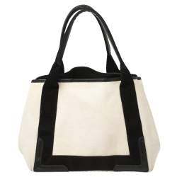 Pre Owned Balenciaga White/Black Canvas and Leather S Navy Cabas Tote
