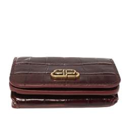Pre Owned Balenciaga Burgundy Croc Embossed Leather Mini BB Wallet