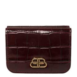 Pre Owned Balenciaga Burgundy Croc Embossed Leather Mini BB Wallet