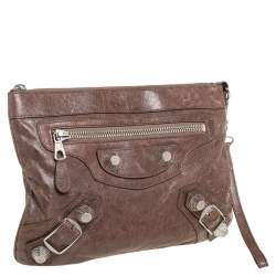 Pre Owned Balenciaga Sandstone Leather SGH Flat Wristlet Clutch