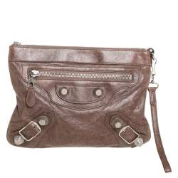 Pre Owned Balenciaga Sandstone Leather SGH Flat Wristlet Clutch