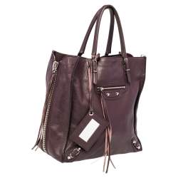 Pre Owned حقيبة يد توتس بالنسياغا بابييه A4 جلد عنابي ميني بسحاب ملتف   