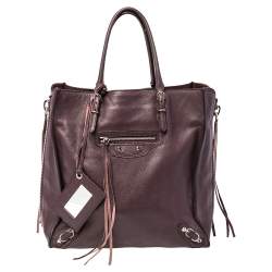 Pre Owned حقيبة يد توتس بالنسياغا بابييه A4 جلد عنابي ميني بسحاب ملتف   