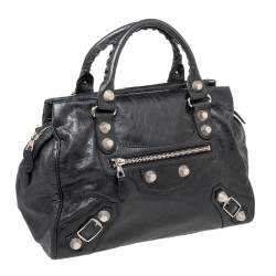 Pre Owned حقيبة بالنسياغا ميداي جلد أنثراسيت أسود بإكسسوار عملاق