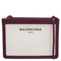 Pre Owned Balenciaga Burgundy/White Canvas and Leather Medium Navy Pouch Crossbody Bag