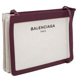 Pre Owned Balenciaga Burgundy/White Canvas and Leather Medium Navy Pouch Crossbody Bag