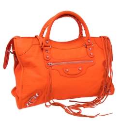 Pre Owned Balenciaga Orange Lizard Embossed Leather GGH Classic City Tote