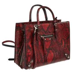 Pre Owned Balenciaga Red Python Mini Papier A6 Zip Around Tote