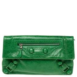 Pre Owned Balenciaga Vert Poker Leather Giant Brogues Covered Envelope Clutch