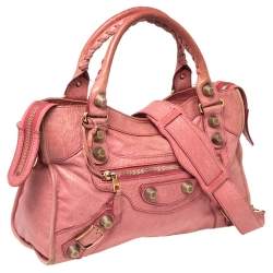 Pre Owned Balenciaga Pink Lambskin Leather Giant 21 Gold Motorcycle City Bag