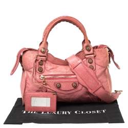 Pre Owned Balenciaga Pink Lambskin Leather Giant 21 Gold Motorcycle City Bag
