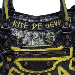 Pre Owned Balenciaga Black/Yellow Graffiti Leather Small Classic City Bag