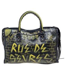 Pre Owned Balenciaga Black/Yellow Graffiti Leather Small Classic City Bag