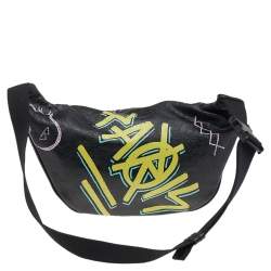 Pre Owned Balenciaga Black Graffiti Print Leather Logo Belt Bag