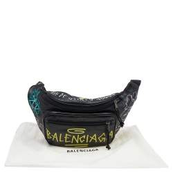 Pre Owned Balenciaga Black Graffiti Print Leather Logo Belt Bag