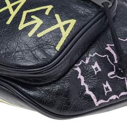 Pre Owned Balenciaga Black Graffiti Print Leather Logo Belt Bag