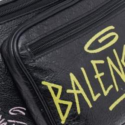 Pre Owned Balenciaga Black Graffiti Print Leather Logo Belt Bag