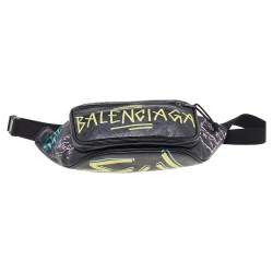 Pre Owned Balenciaga Black Graffiti Print Leather Logo Belt Bag