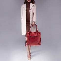 Pre Owned Balenciaga Red Leather Motocross Classic Bowling Bag