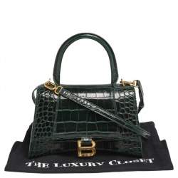 مملوكة مسبقًا حقيبة يد بالنسياغا أوارغلاس جلد نقشة التمساح أخضر بيد علوية