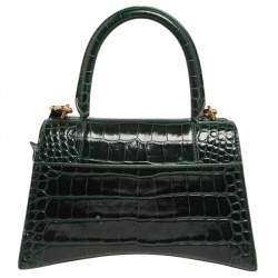 مملوكة مسبقًا حقيبة يد بالنسياغا أوارغلاس جلد نقشة التمساح أخضر بيد علوية