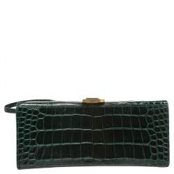 مملوكة مسبقًا حقيبة يد بالنسياغا أوارغلاس جلد نقشة التمساح أخضر بيد علوية