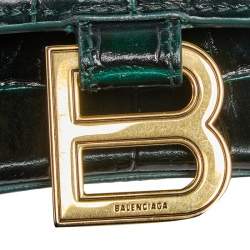 مملوكة مسبقًا حقيبة يد بالنسياغا أوارغلاس جلد نقشة التمساح أخضر بيد علوية