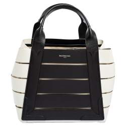 مملوكة مسبقًا حقيبة يد بالنسياغا كاباس قصه كانفاس وجلد أبيض / أسود 