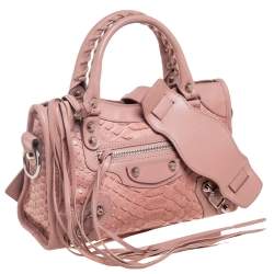 Pre Owned Balenciaga Light Pink Python And Leather Mini Classic City Bag