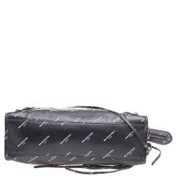 Pre Owned Balenciaga Black Leather All Over Logo Print Classic Small City RH Tote