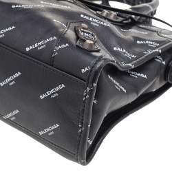 Pre Owned Balenciaga Black Leather All Over Logo Print Classic Small City RH Tote