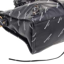 Pre Owned Balenciaga Black Leather All Over Logo Print Classic Small City RH Tote
