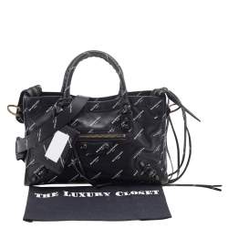 Pre Owned Balenciaga Black Leather All Over Logo Print Classic Small City RH Tote