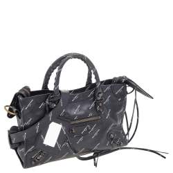 Pre Owned Balenciaga Black Leather All Over Logo Print Classic Small City RH Tote