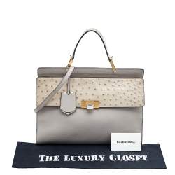 Pre Owned Balenciaga Grey Leather and Ostrich Le Dix Cartable Top Handle Bag