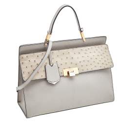 Pre Owned Balenciaga Grey Leather and Ostrich Le Dix Cartable Top Handle Bag